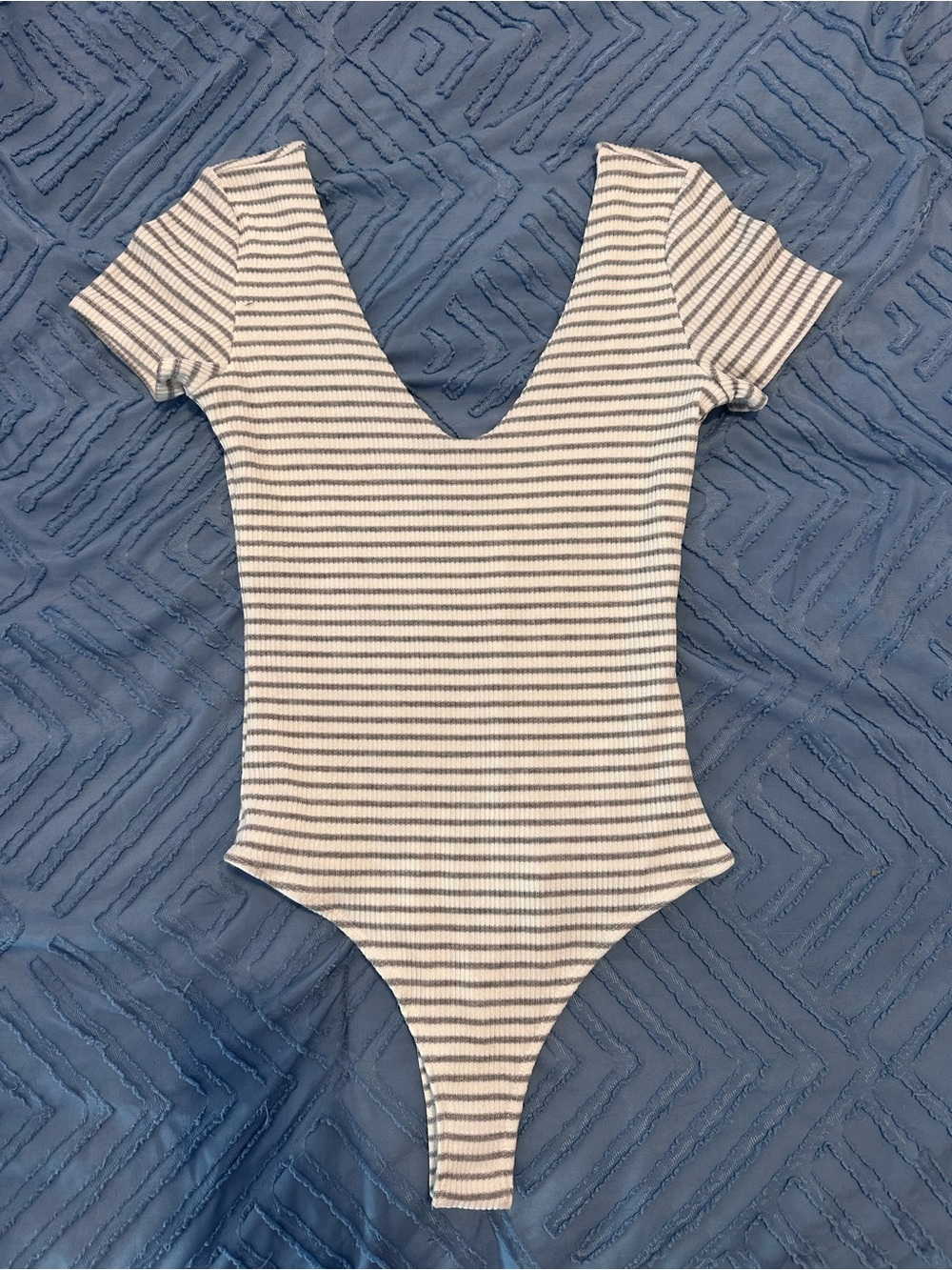 Lulu's White & Gray Striped Ribbed Bodysuit. Worn once - Picture 2 of 5